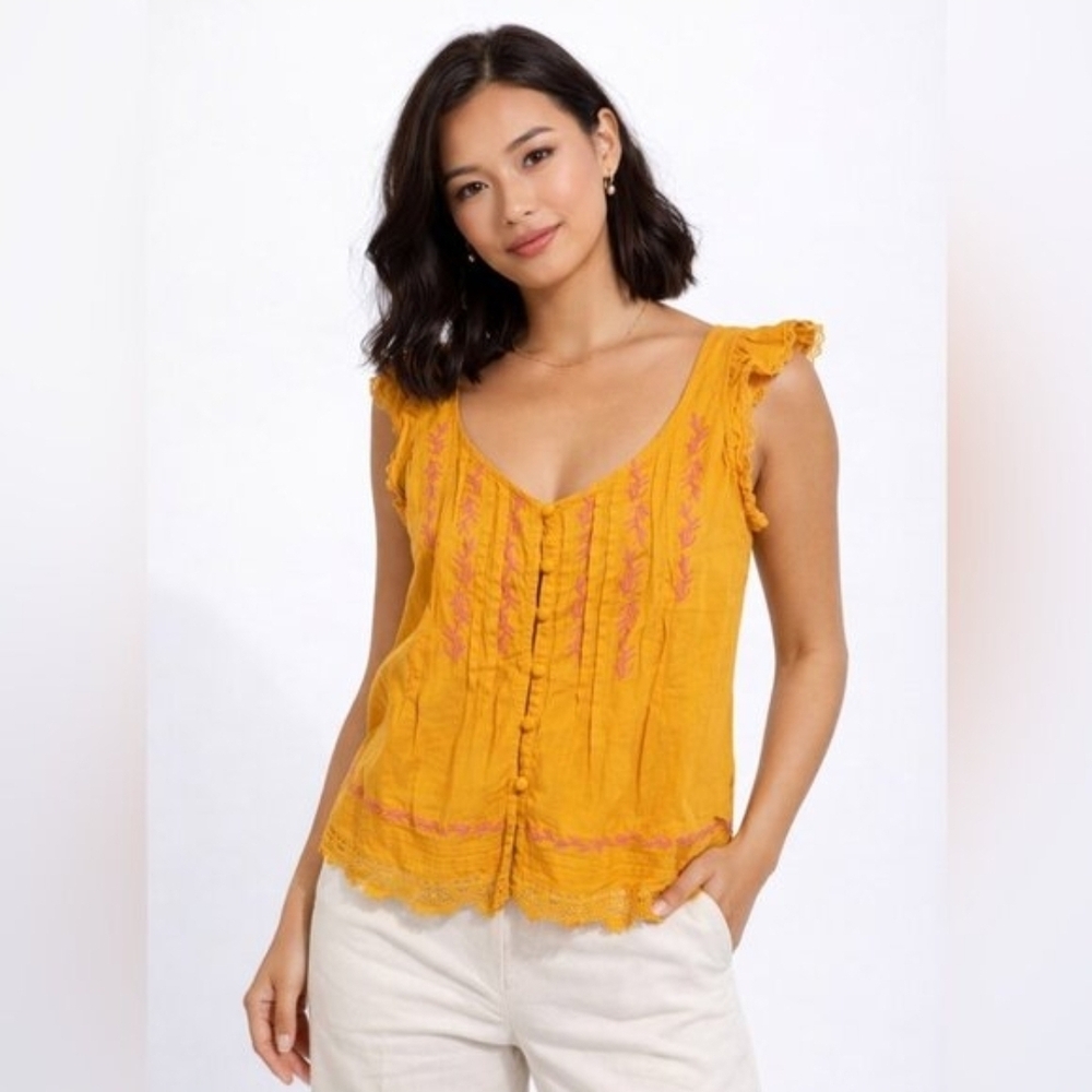 Anthropologie Mustard Yellow Embroidered Button-Front Camisole